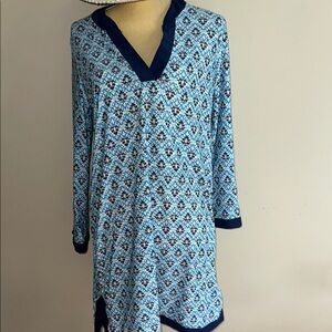 Blue Patterned Long Sleeve Tunic dress -beach cover up